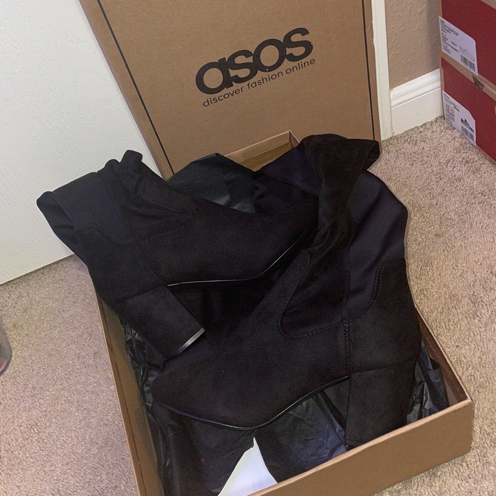 Black ASOS thigh high block heel boots size 8